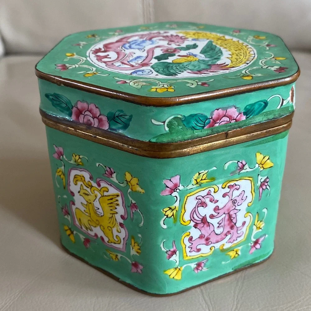 Vintage Chinese Hand Painted Enamel Hexagon Box Dragon / Phoenix Design